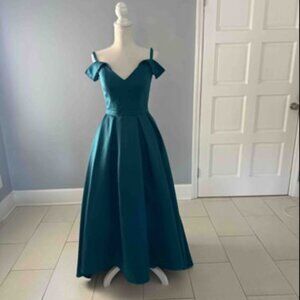 Off-the-Shoulder Teal Mikado Satin Evening Gown